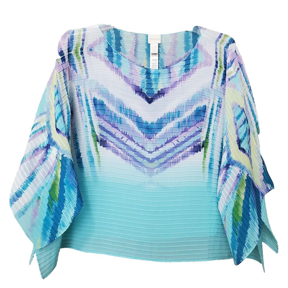 Chico's Semi-Sheer Pastel Textured Ikat Pleated Poncho Top Size S/M Lightweight